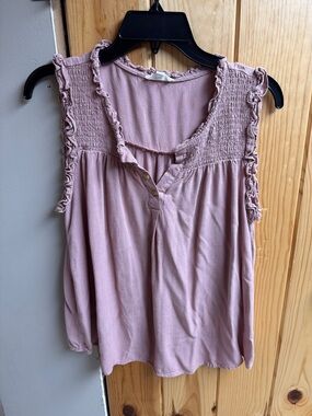 mine Dusty Rose Ruffle Smocked Sleeveless Henley Tank